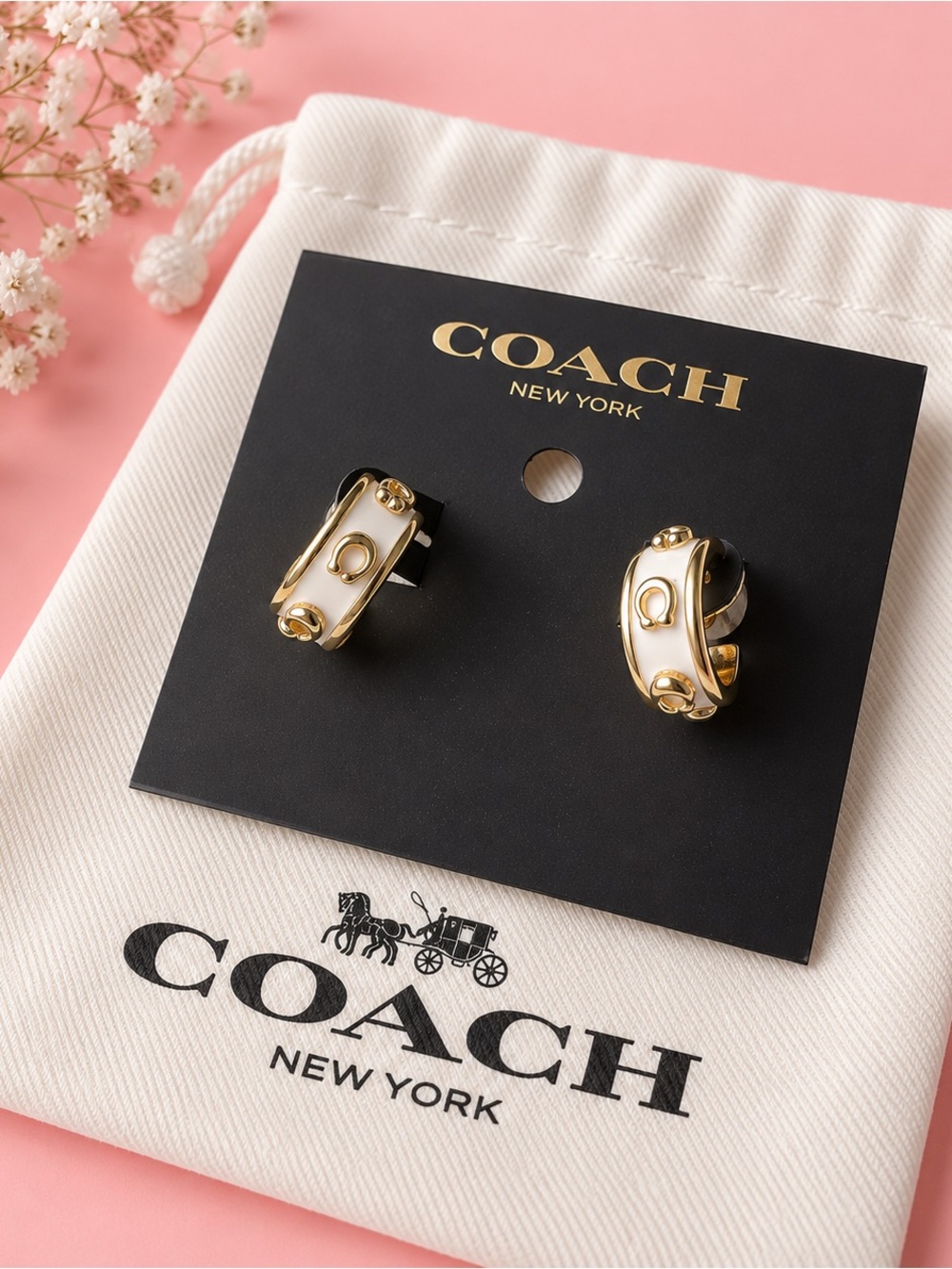 COACH Gold & White Enamel Mini Hoop Earrings